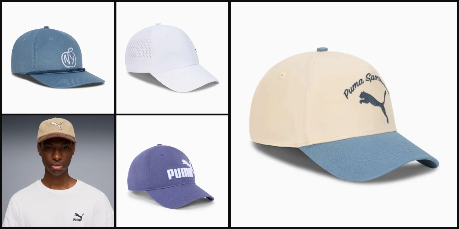 A collage of different hats