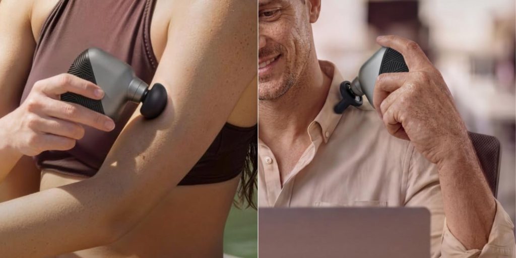 A man and woman using a massage gun