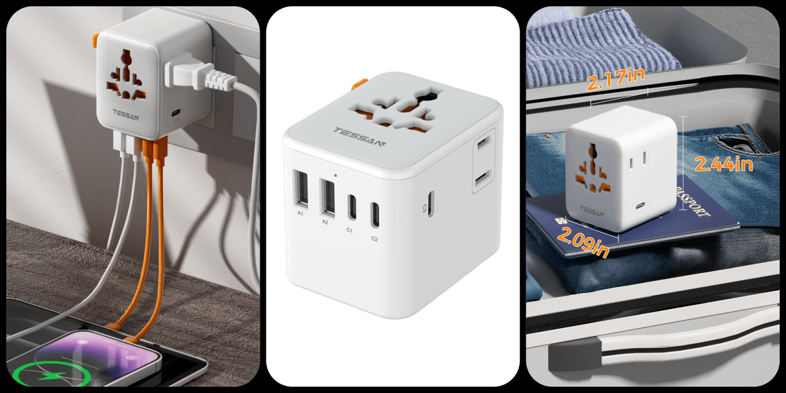 A collage of a white cube with multiple ports