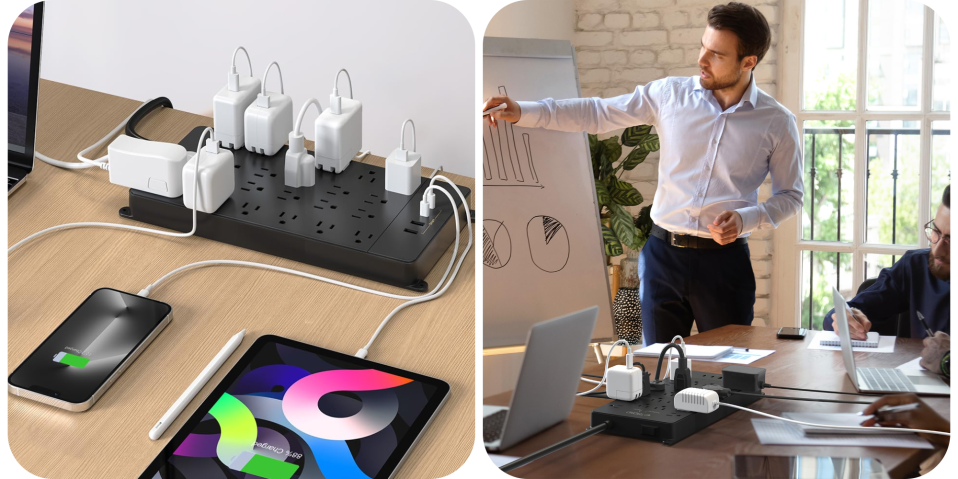 A man standing next to a power strip