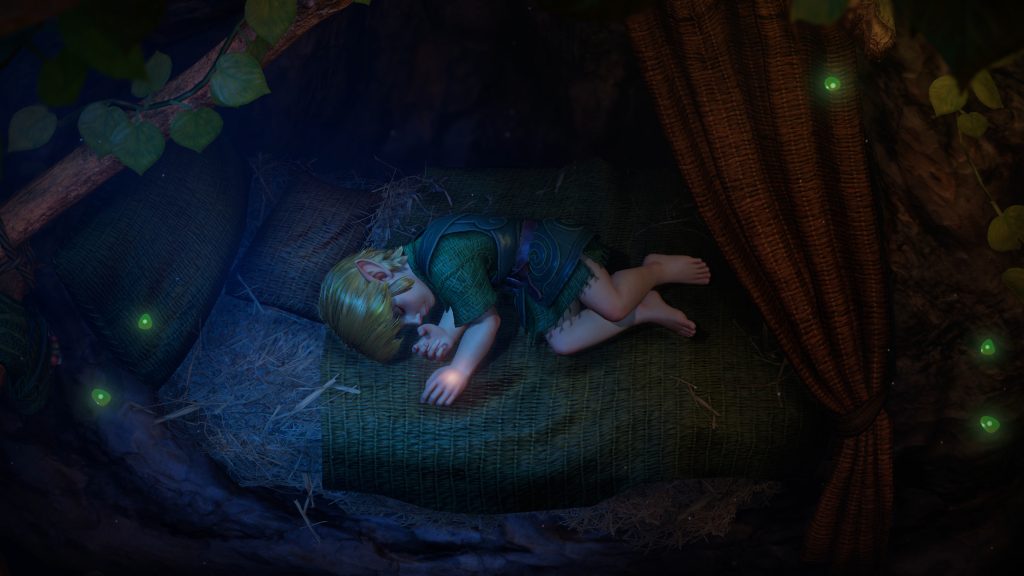 A cartoon of a child sleeping on a bed