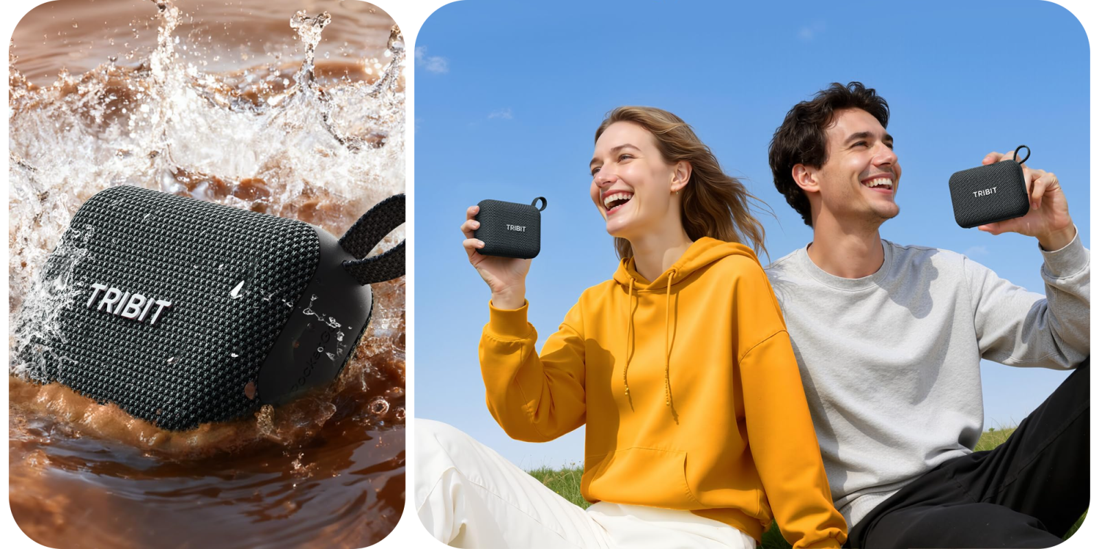 A man and woman smiling and holding a speaker