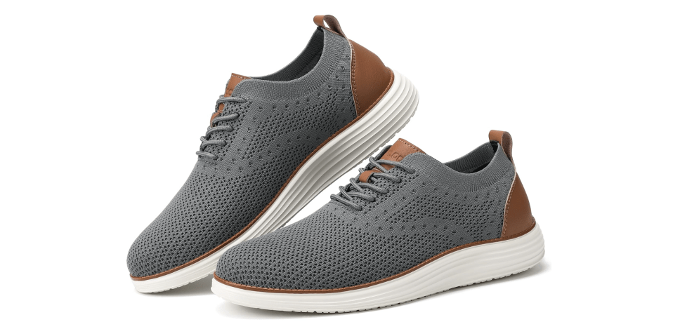 A pair of grey and brown shoes