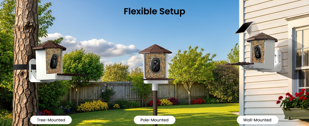 A bird feeder in a yard