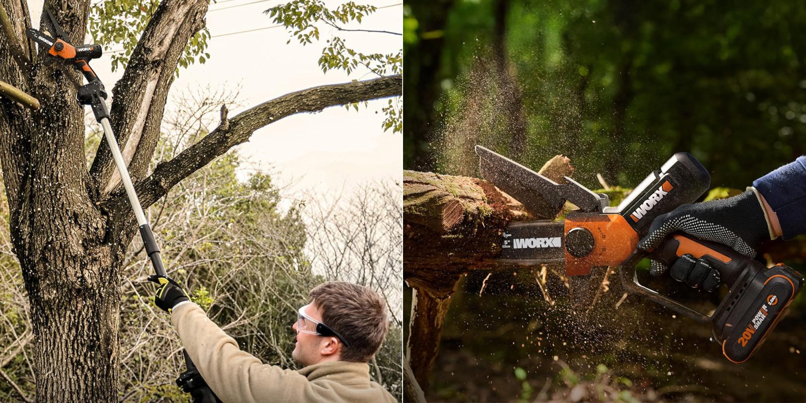 A man using a chainsaw to cut a tree