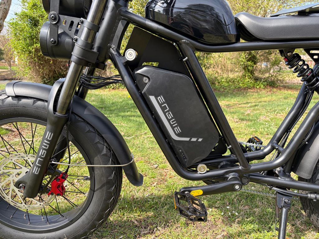 A black motorcycle with a black seat