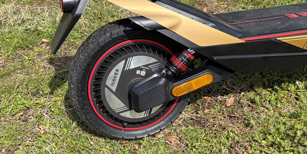 A wheel of a scooter