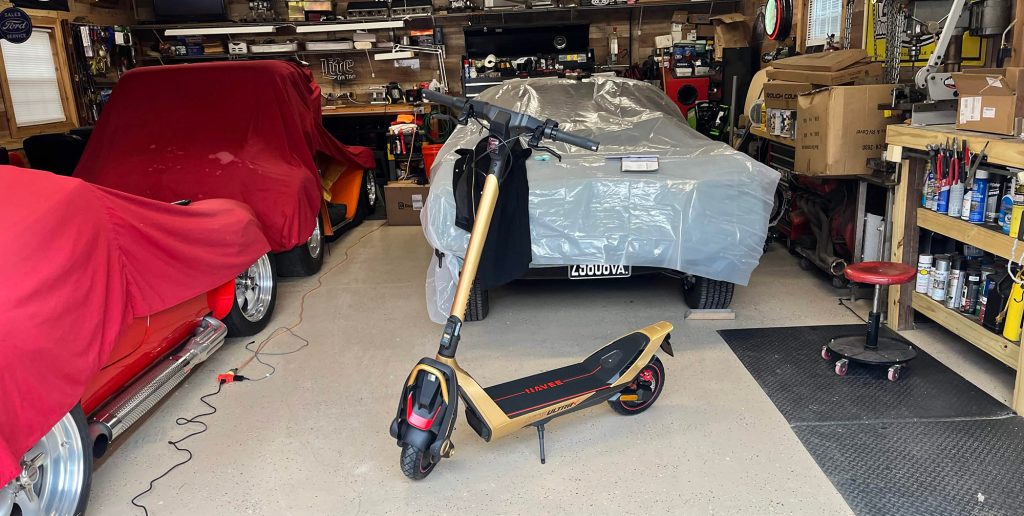 A scooter in a garage