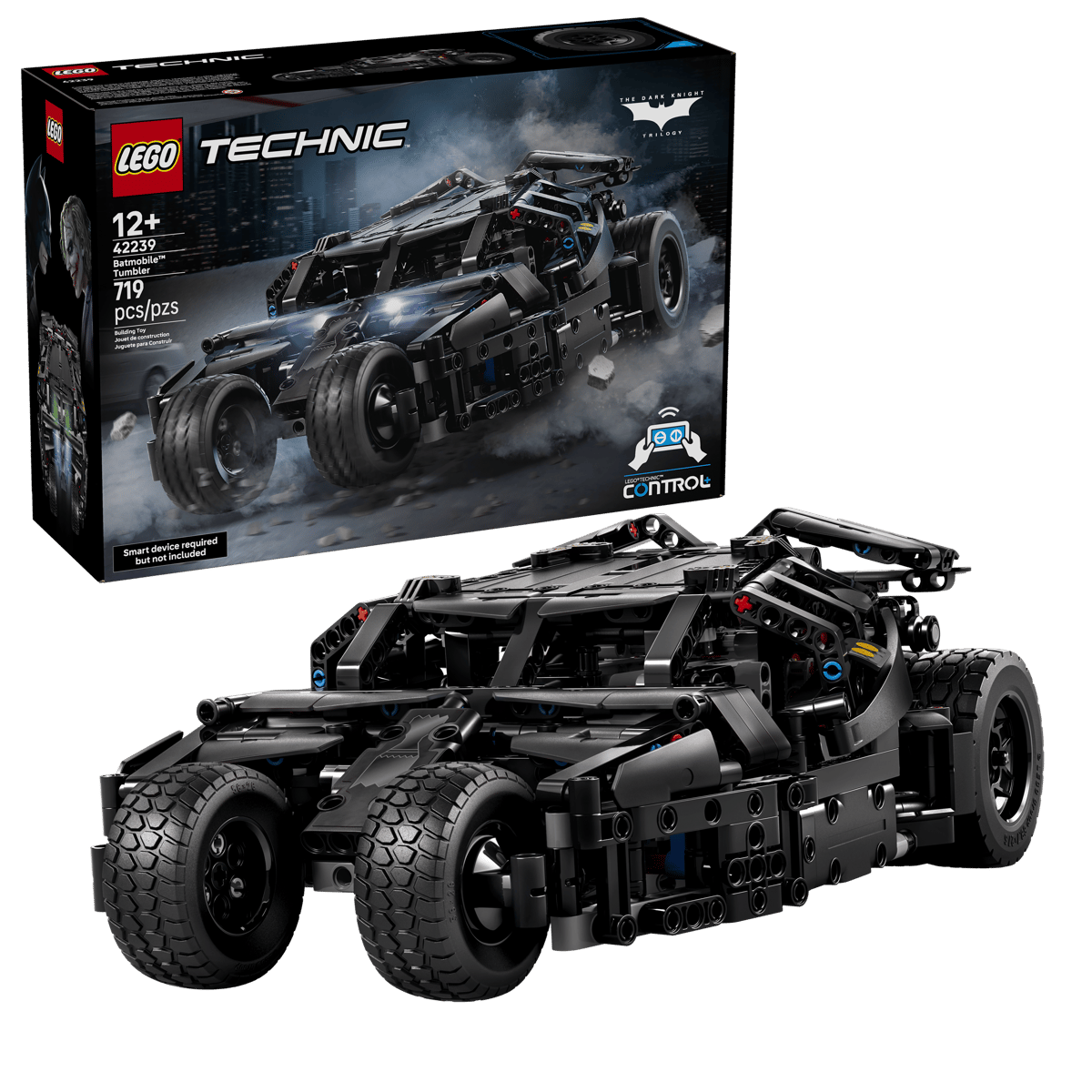 A black toy car with wheels and a box