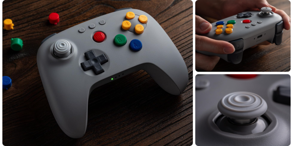 A video game controller with colorful buttons