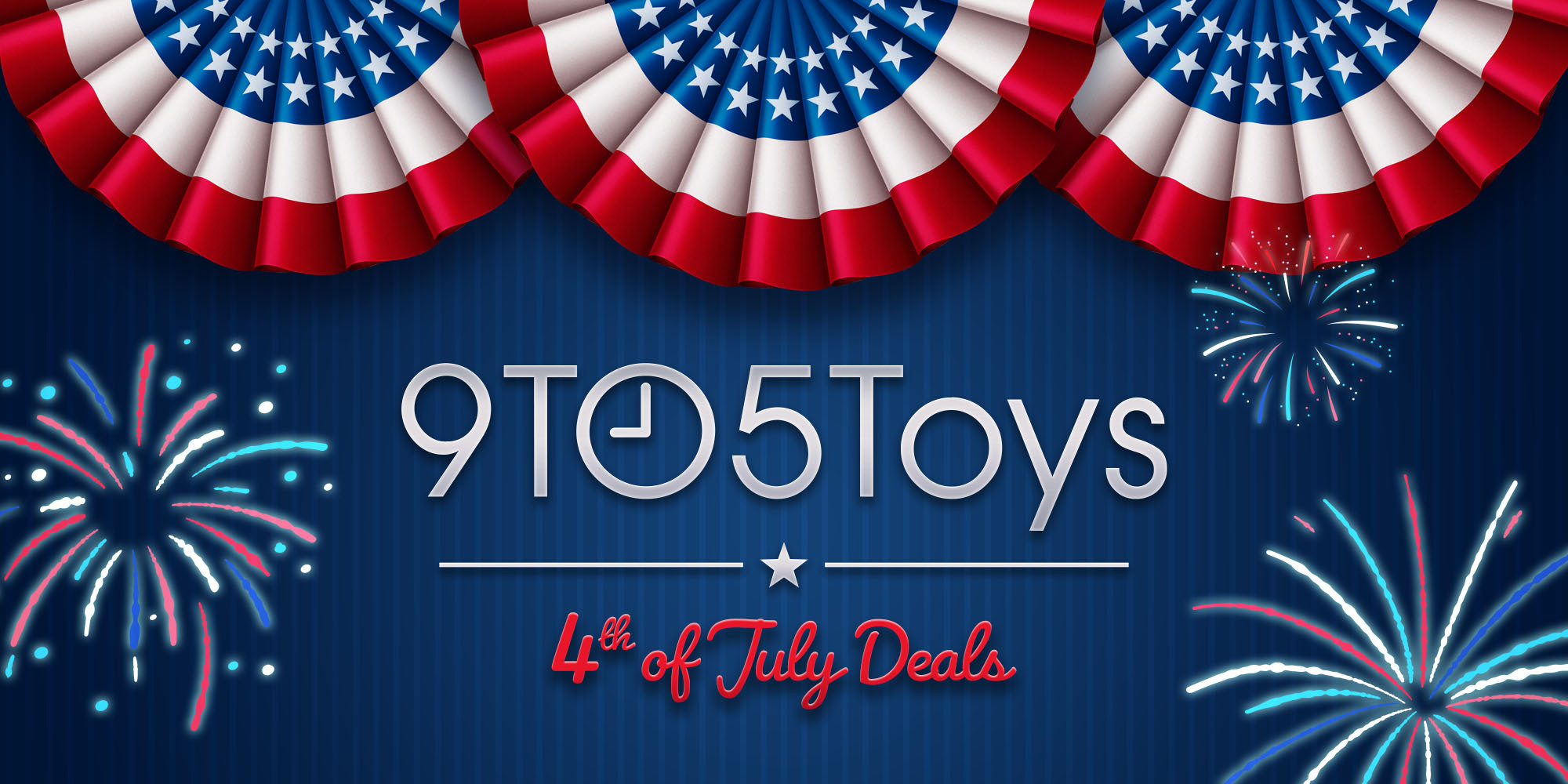 A blue and red banner with white text and red and white fan