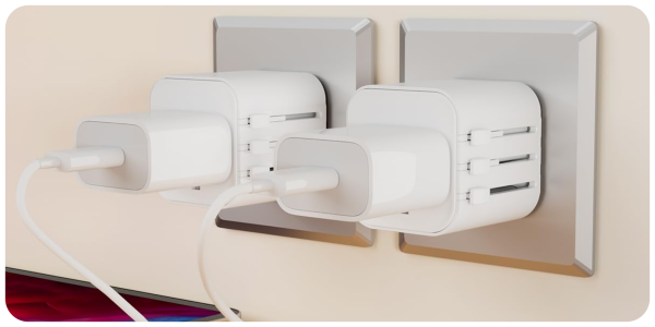 A couple of white electrical devices plugged into a wall