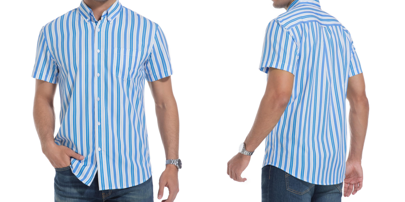 A man wearing a blue and white striped shirt