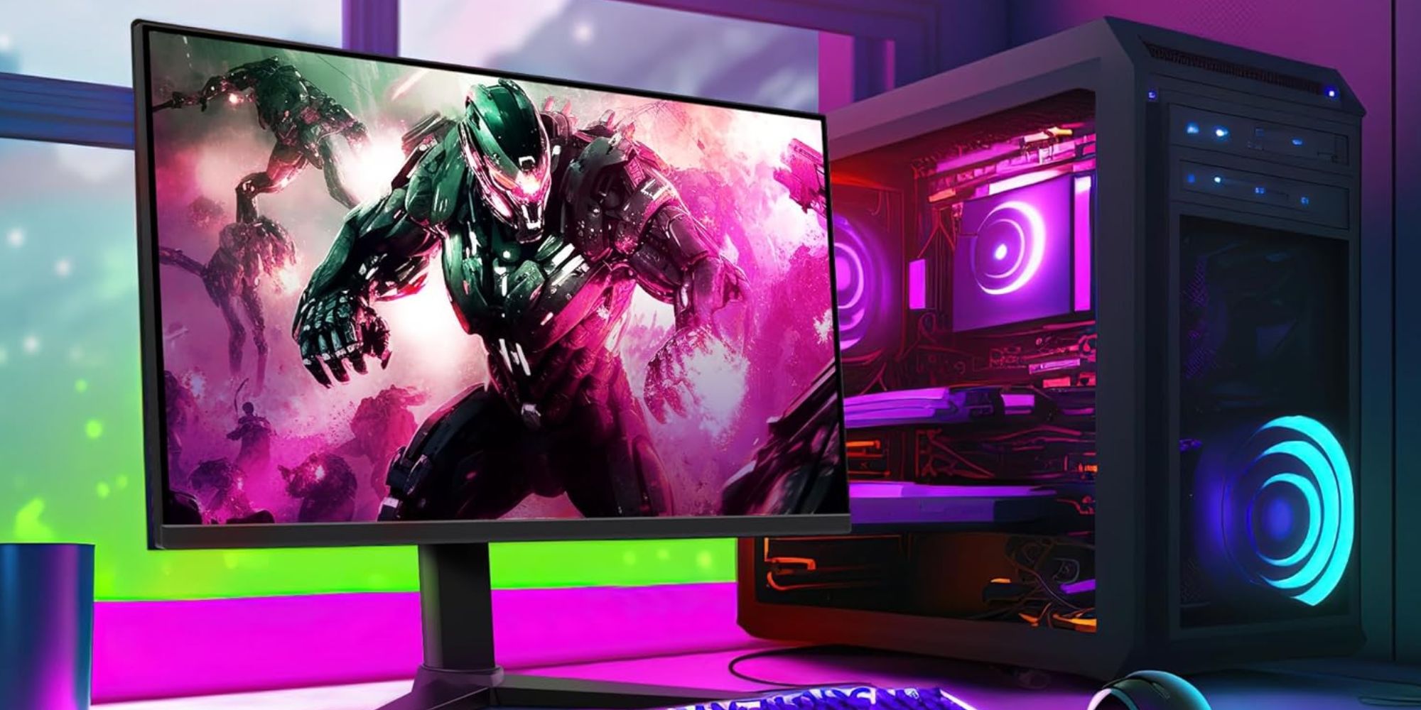 A computer monitor with a green robot on it