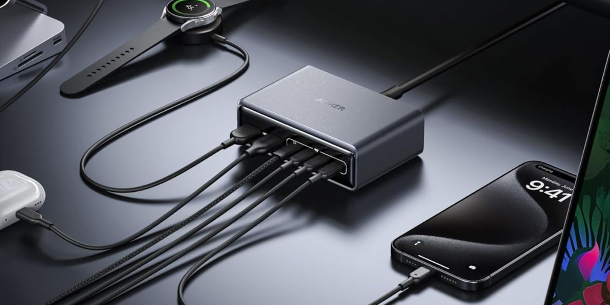 Image showing a render of Anker's 200W 6-port charging station.