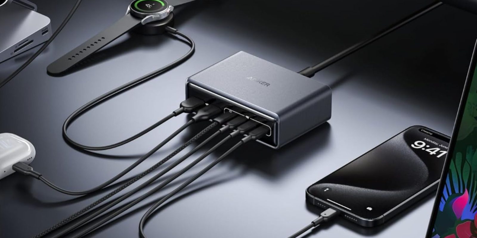 Image showing a render of Anker's 200W 6-port charging station.