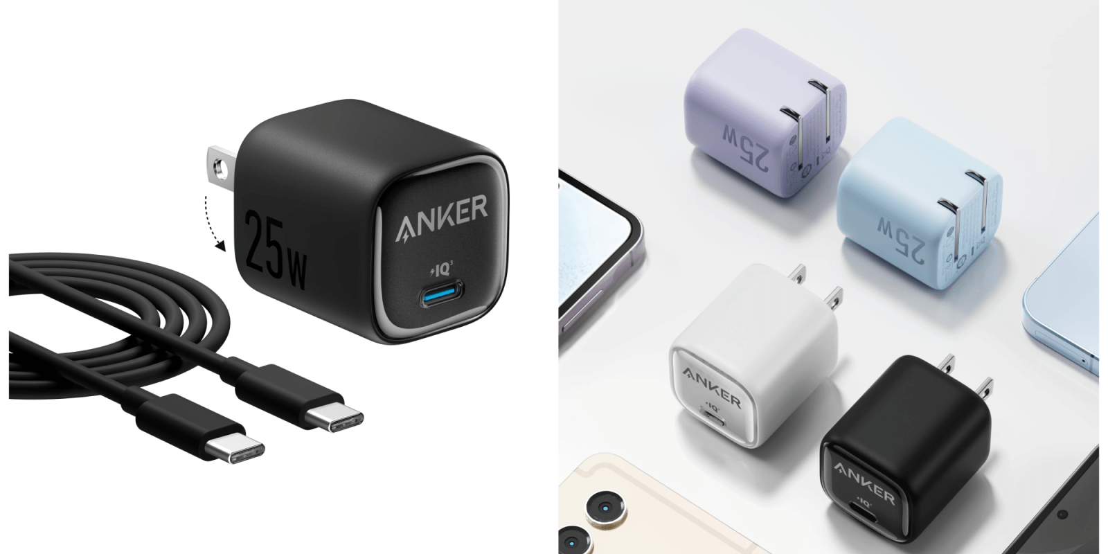 Image showing renders of Anker's 25W USB-C charger with cable.