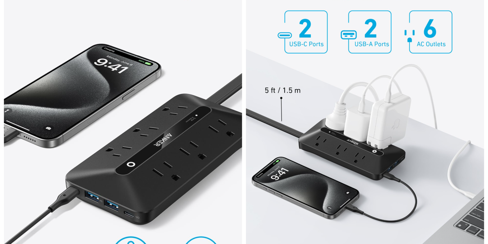 A black power strip with a phone and a cell phone
