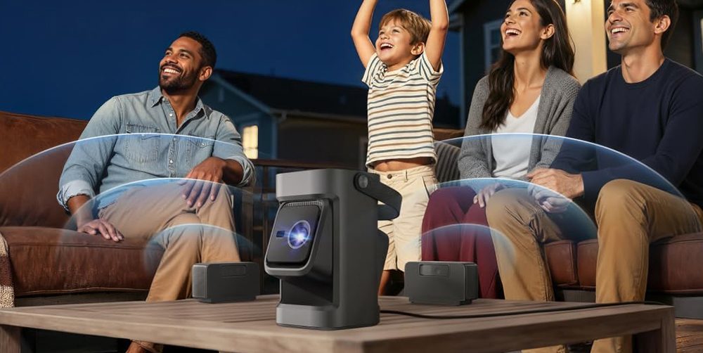 A group of people sitting on a table with a device