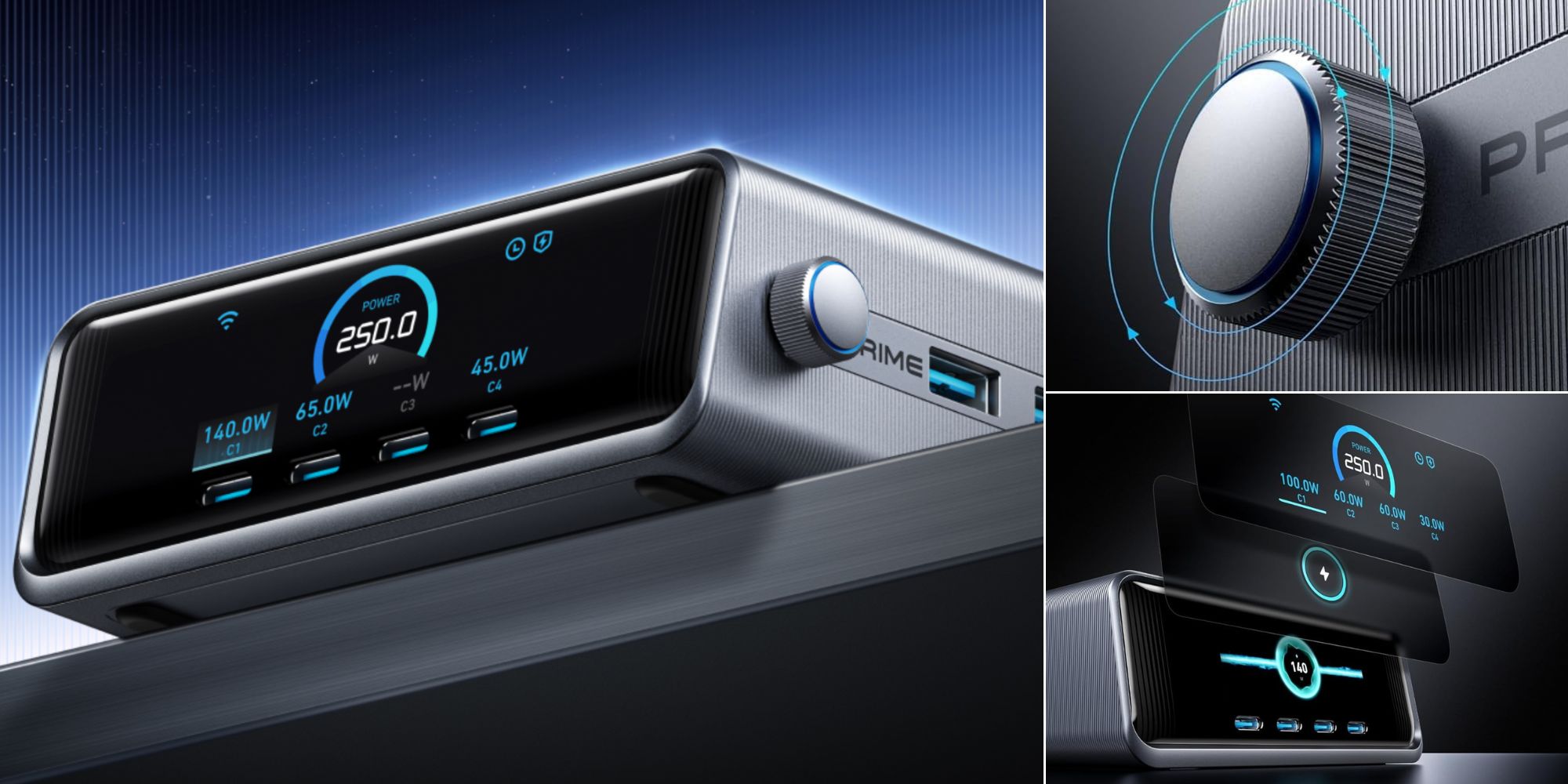 Image showing renders of Anker's Prime 250W 6 port charging station.