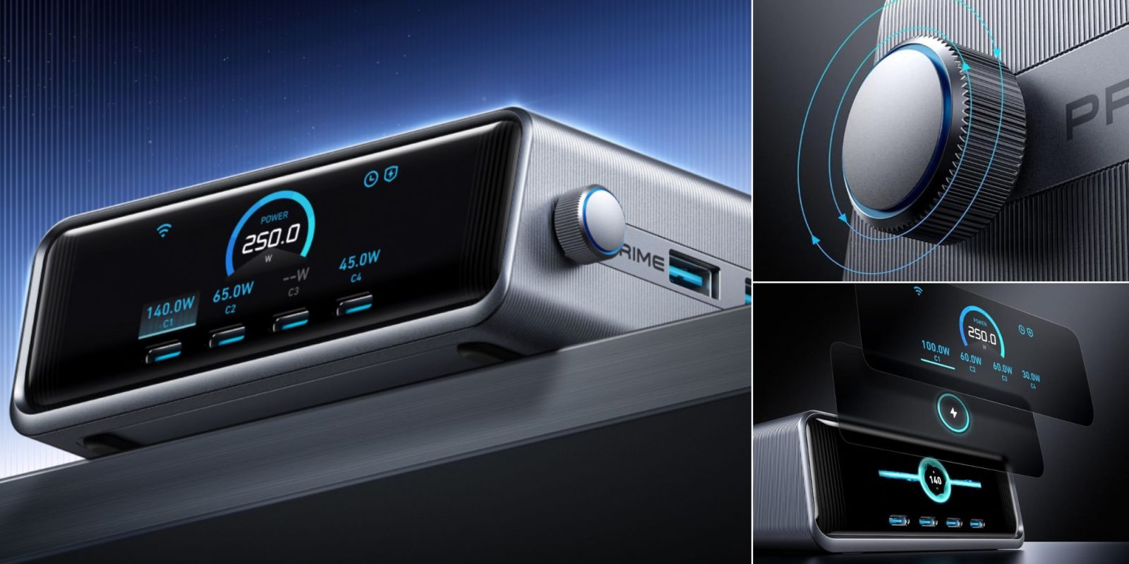 Image showing renders of Anker's Prime 250W 6 port charging station.