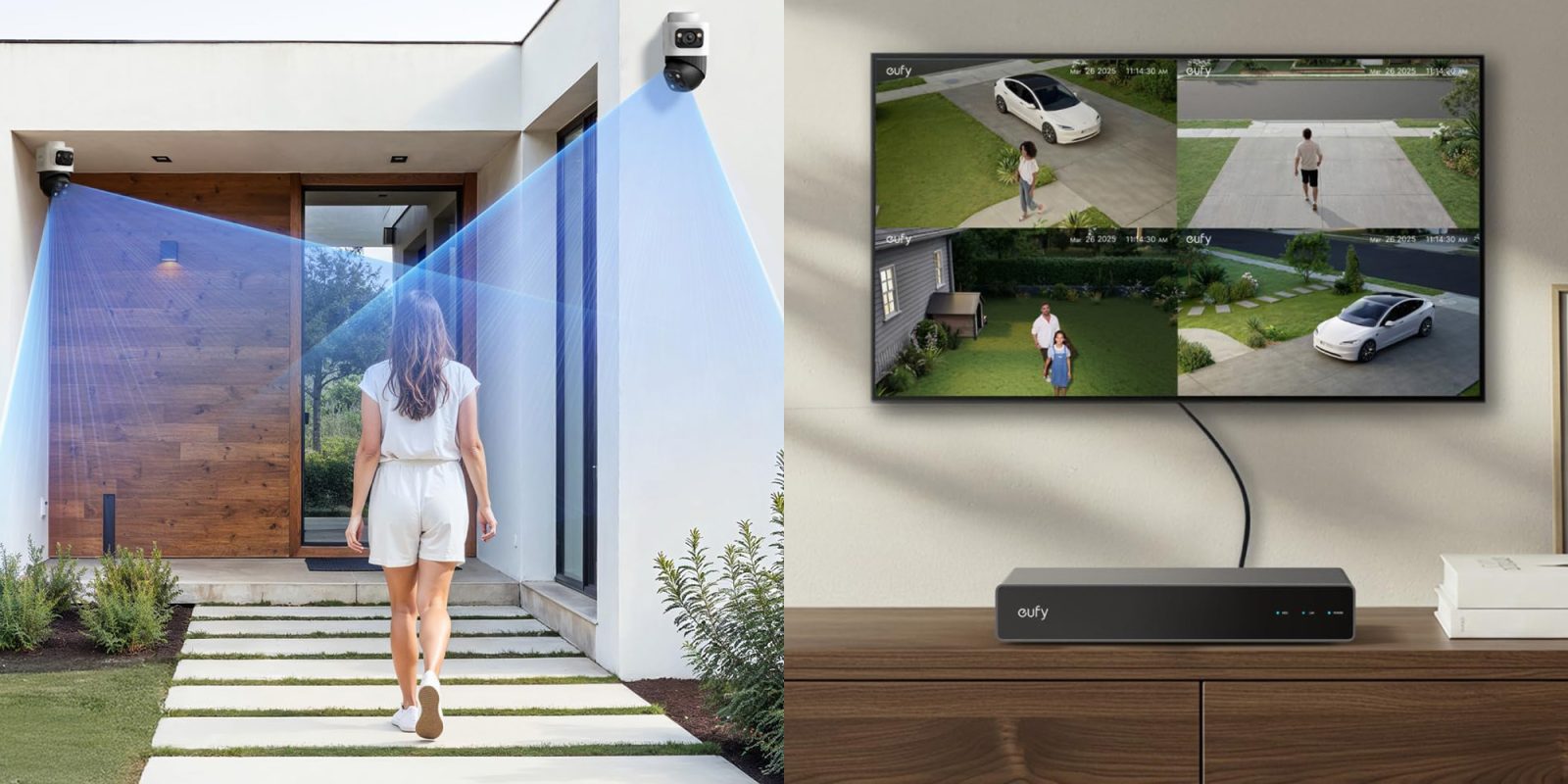 A woman walking towards a television