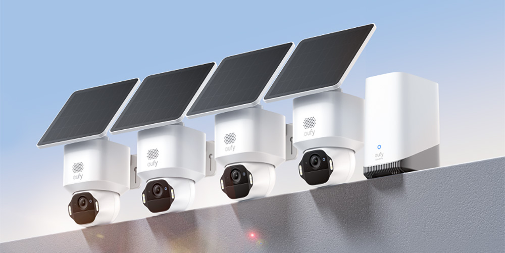 A row of cameras with solar panels