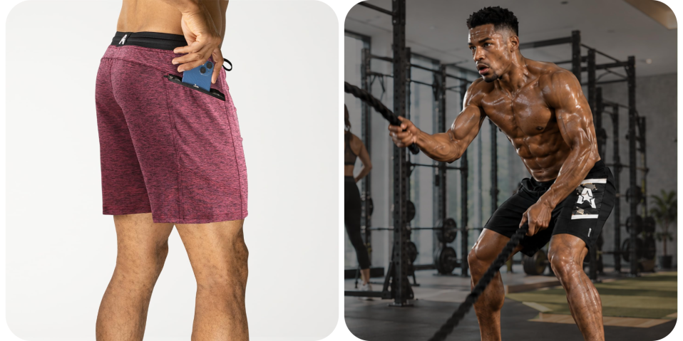 A man in shorts and a man in shorts with a rope