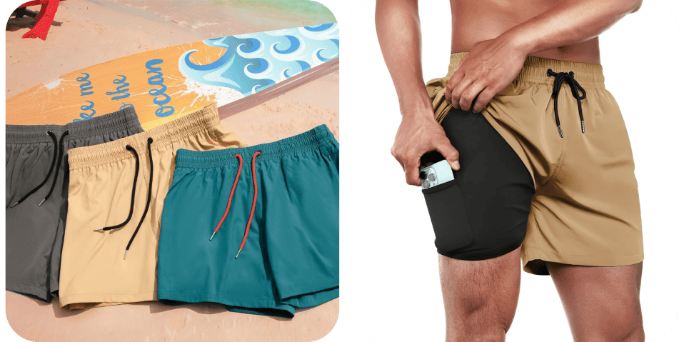 A man wearing shorts and holding a phone in his pocket