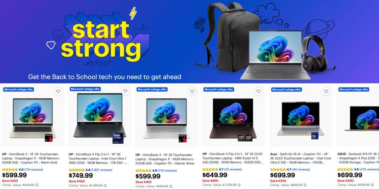 A laptops and backpack on a store page