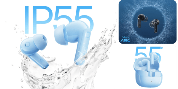 A blue earbuds with water splashing