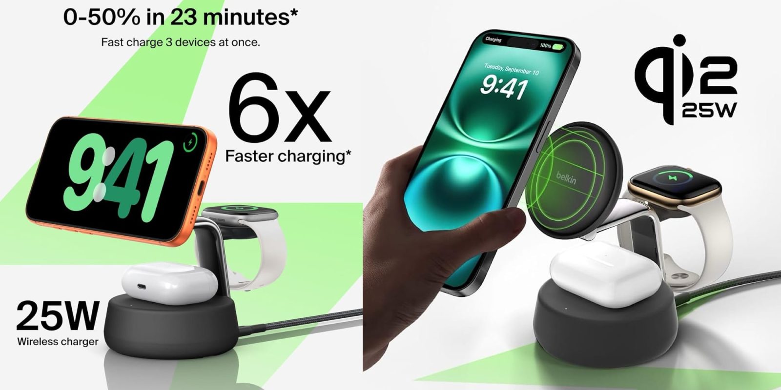 A hand holding a phone and charging a device