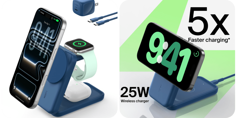 A blue and white smart watch charging station