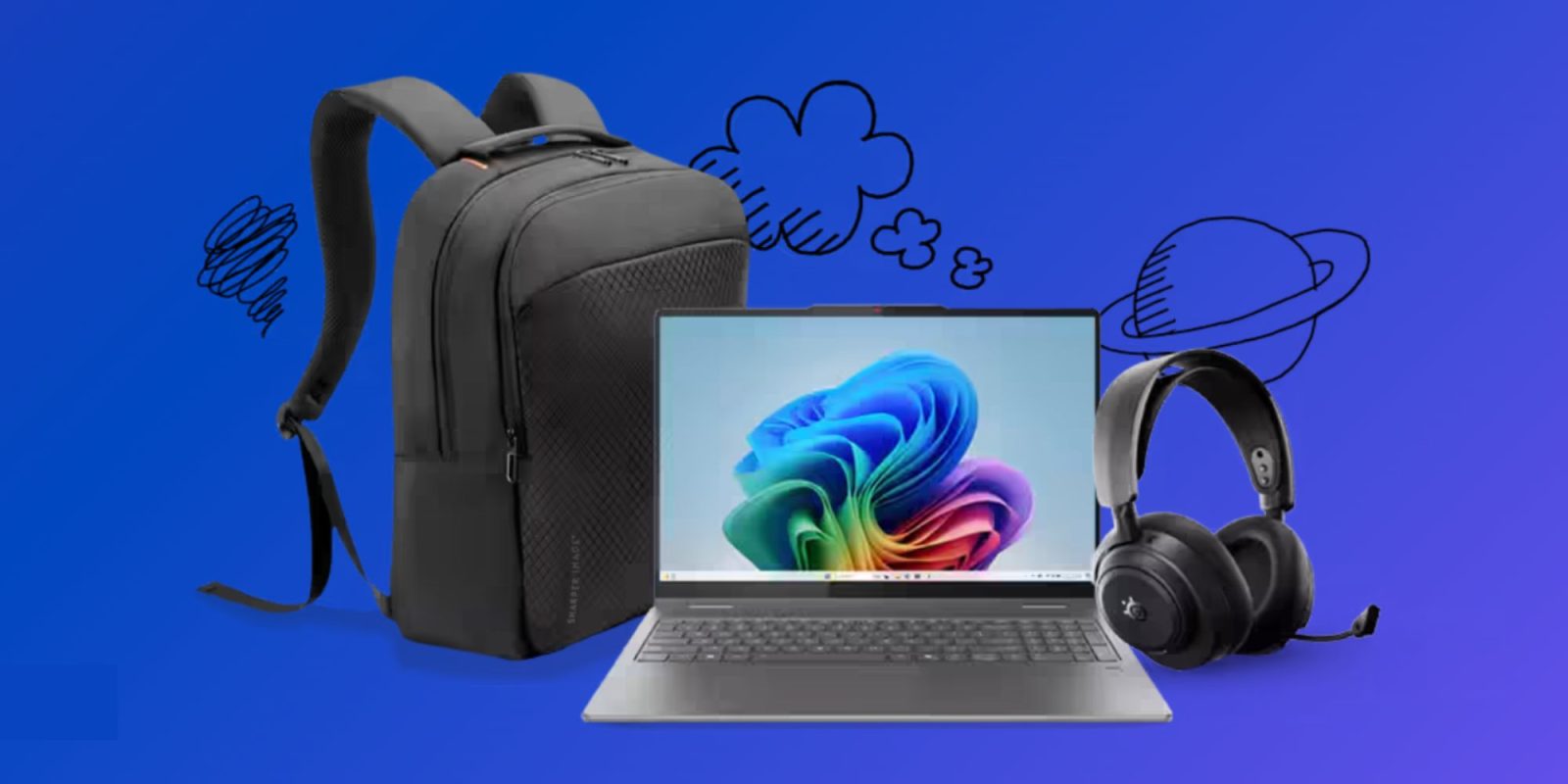 A laptop and backpack with headphones