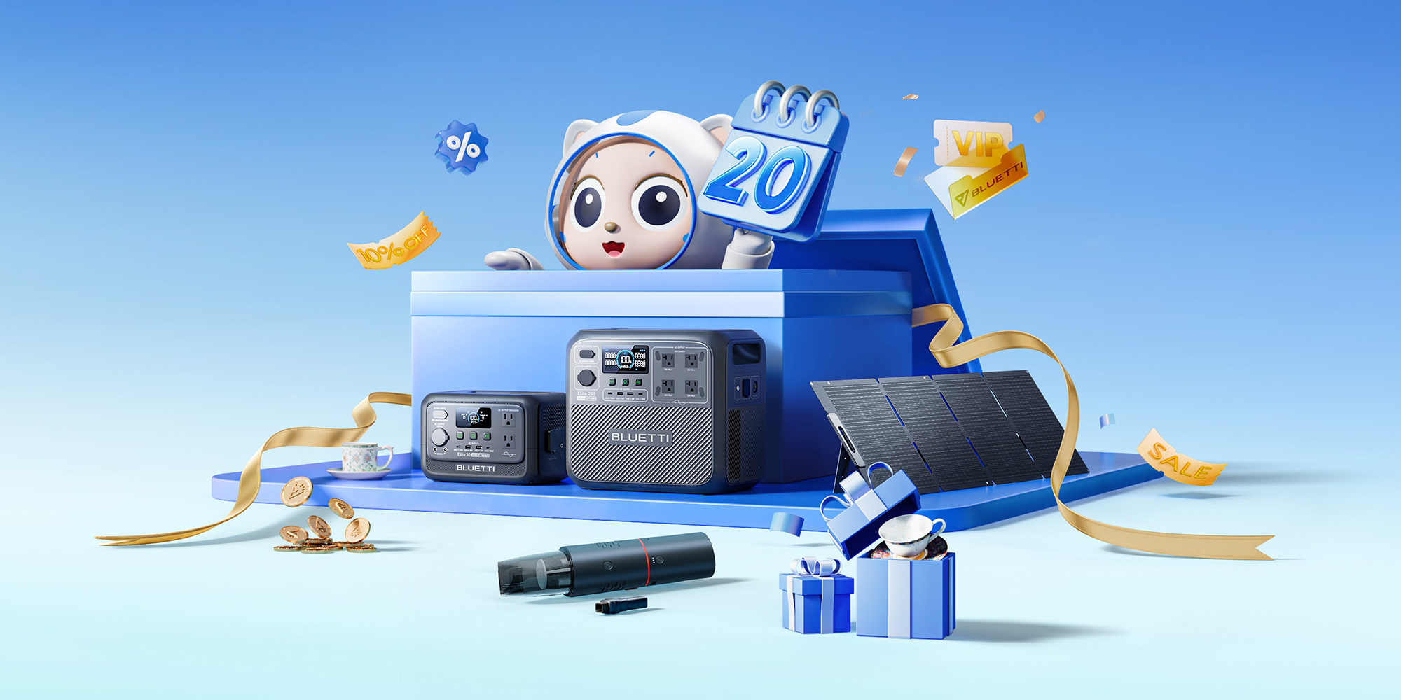 A cartoon character in a blue box with a blue background