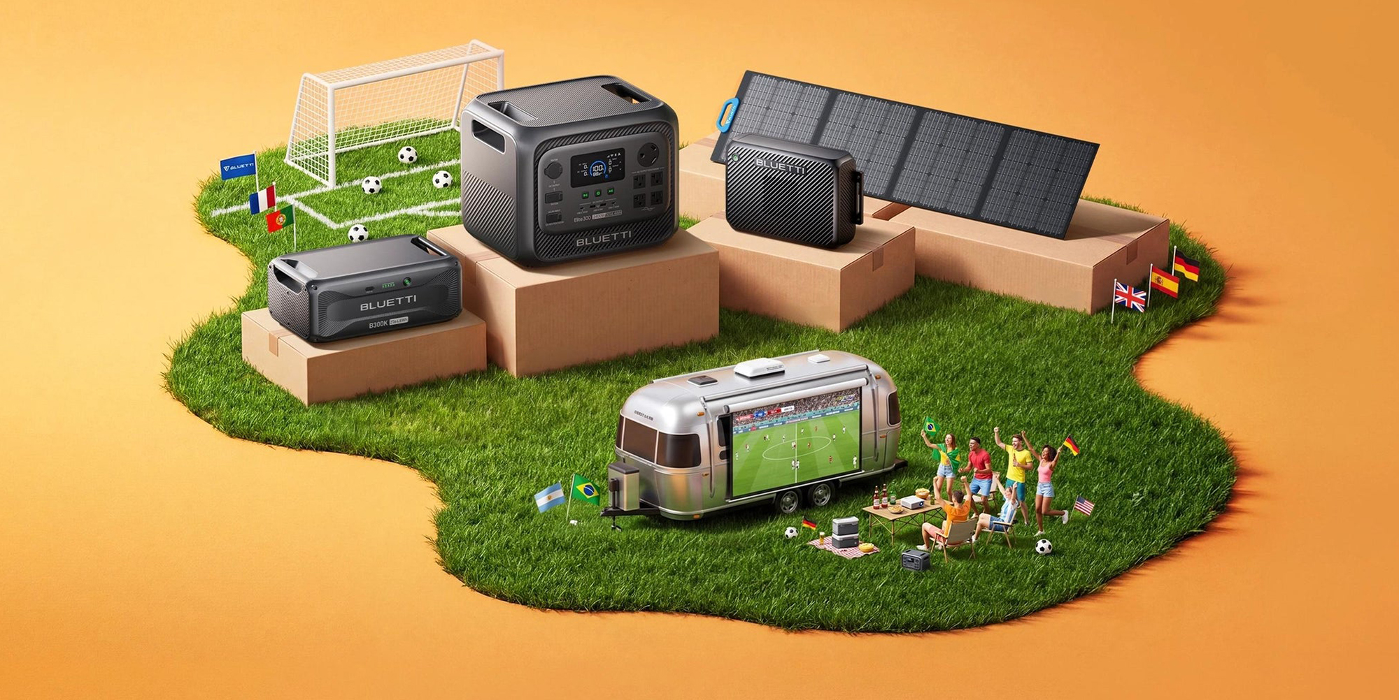 A group of people on a lawn with a television and a trailer