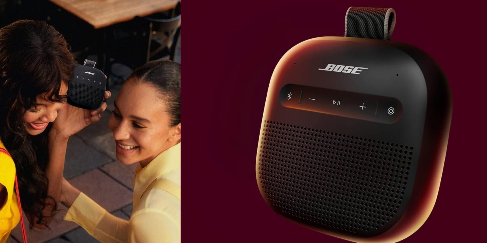 A woman smiling next to a speaker
