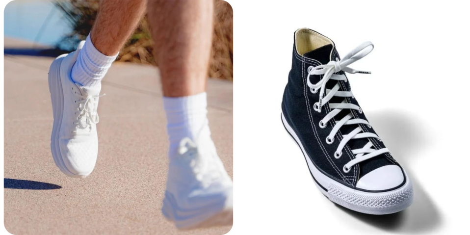 A close-up of a man's feet and a pair of black sneakers