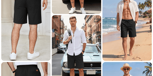 A collage of a man in shorts and a backpack