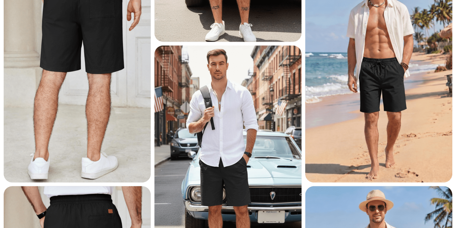 A collage of a man in shorts and a backpack