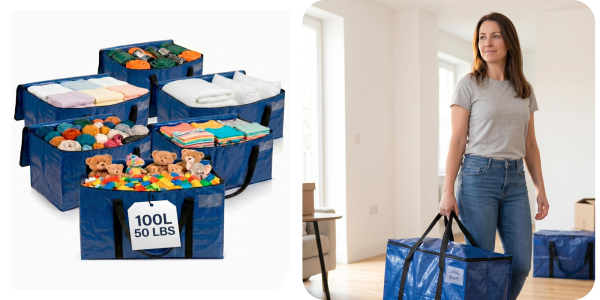 A woman carrying a blue bag with a large blue bag with a large blue bag with a large blue bag with a large blue bag with a large white label