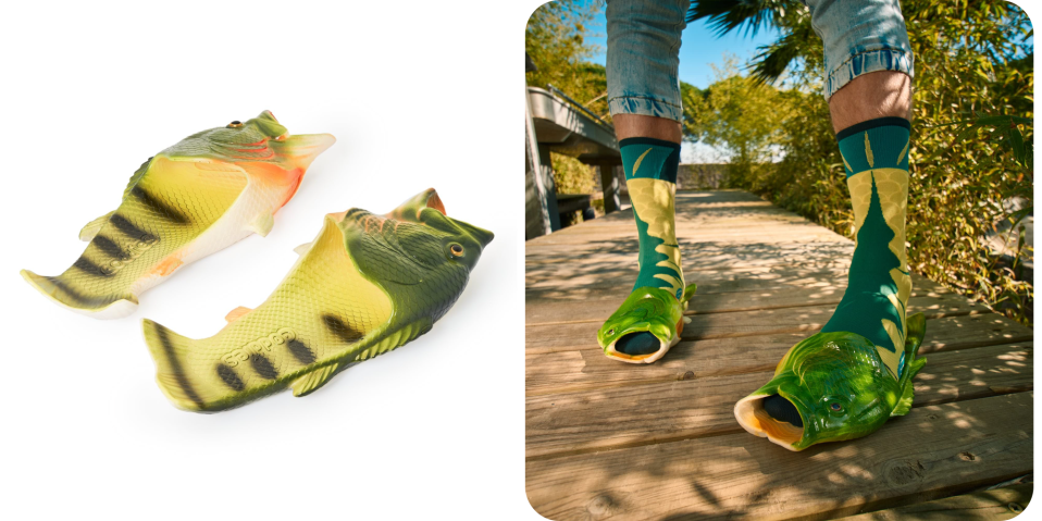 A person's foot and a fish shaped shoe