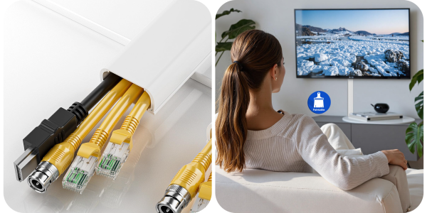 A woman looking at a computer cable