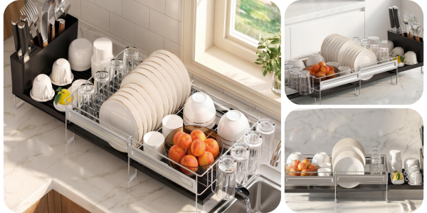 A dish drying rack with plates and glasses