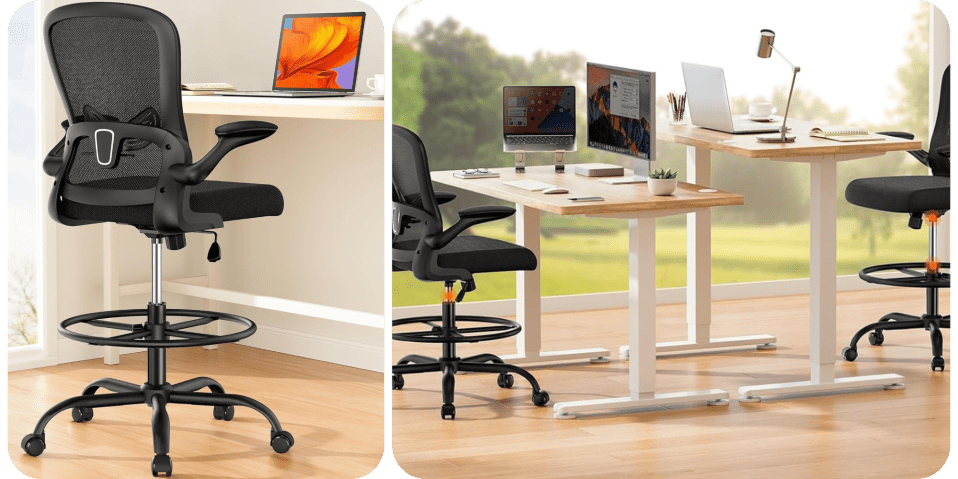 A computer desk with chairs and laptops