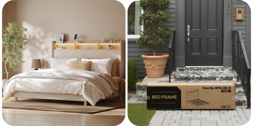 A bed frame and a plant