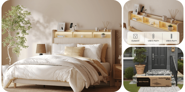 A bed with a headboard and shelves