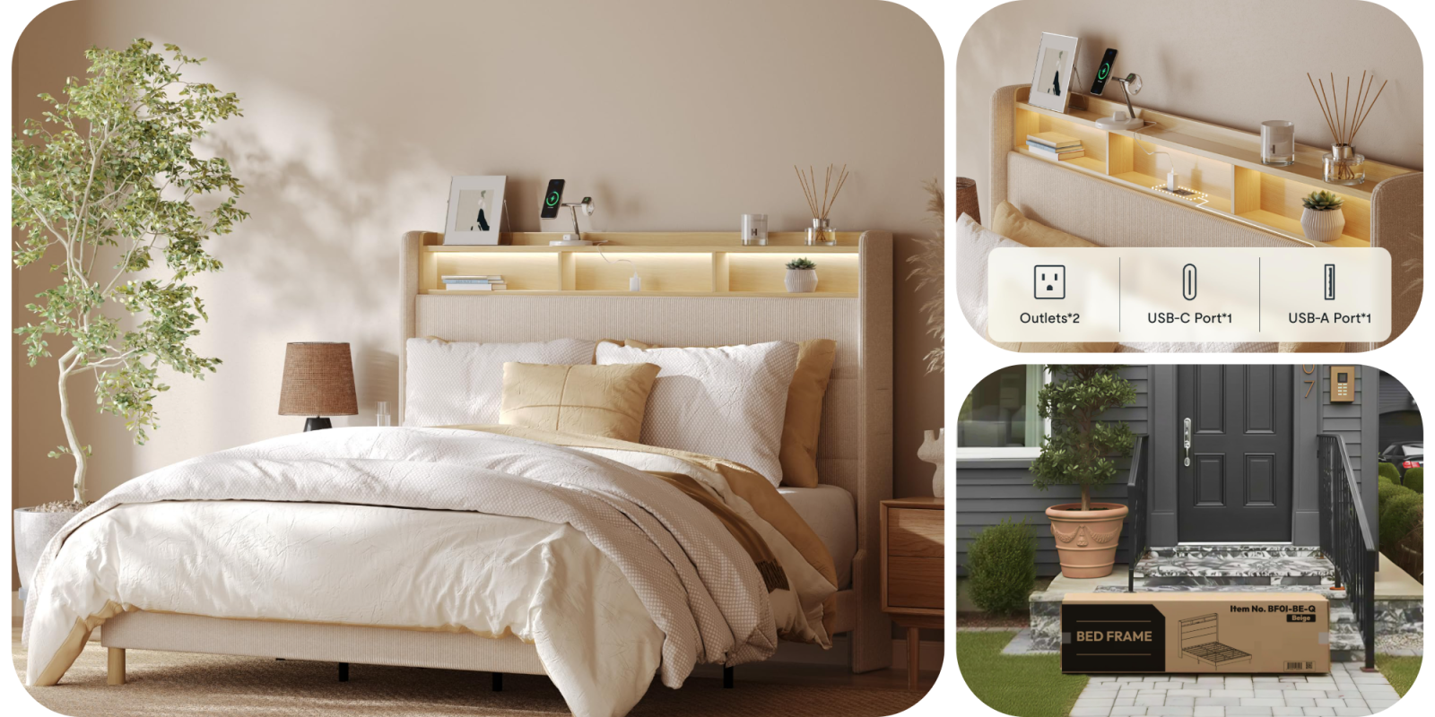 A bed with a headboard and shelves