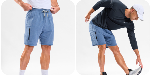 A collage of a man wearing shorts