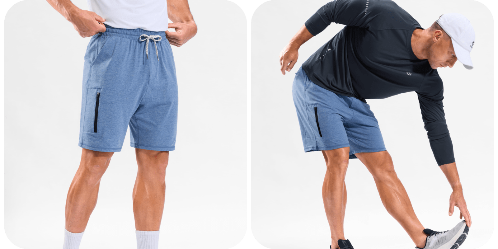 A collage of a man wearing shorts